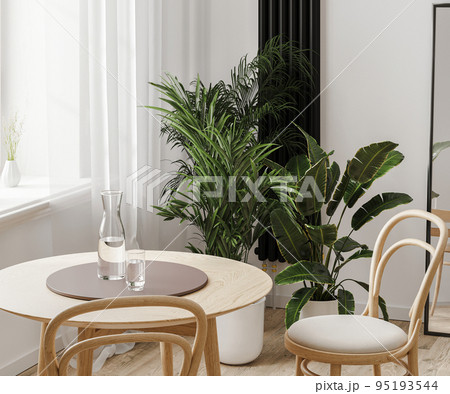 Close up of dining table near window and green plants in pots, home interior, 3d rendering 95193544