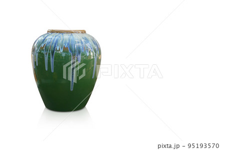 antique big green and blue pottery jar on white background, vintage, object, retro, ancient, fashion, copy space 95193570
