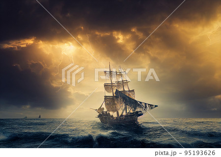 Pirate ship in storm with torn sails. Pirate ship in storm with torn sails. 95193626