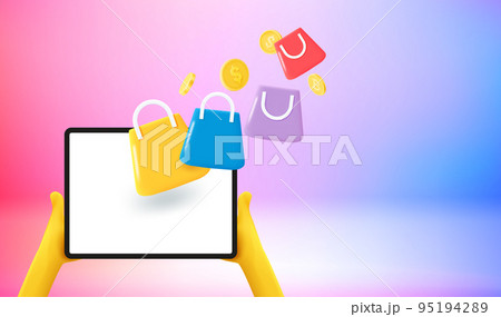 Man using tablet computer for online shopping. 3d vector banner with copy space Man using tablet computer for online shopping. 3d vector banner with copy space 95194289