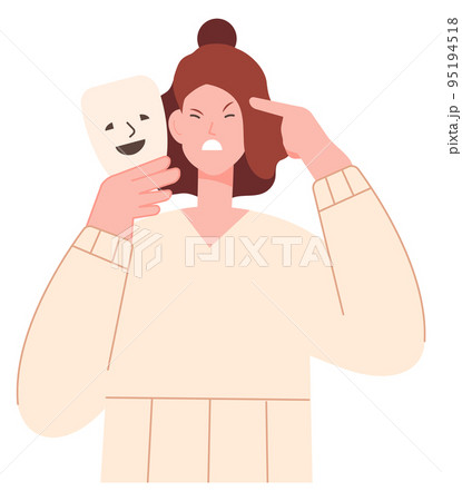 Angry woman with smiling mask. Emotion hiding. Fake personality 95194518