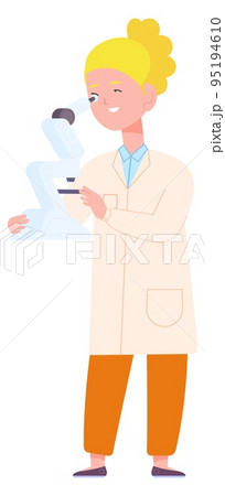 Woman look into microscope. Cute cartoon scientist character Woman look into microscope. Cute cartoon scientist character 95194610