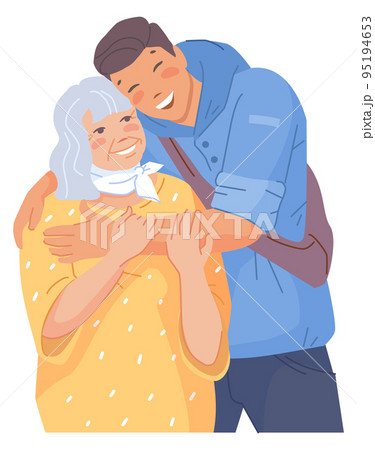 Young man hugging old woman. Grandma with grandson together Young man hugging old woman. Grandma with grandson together 95194653
