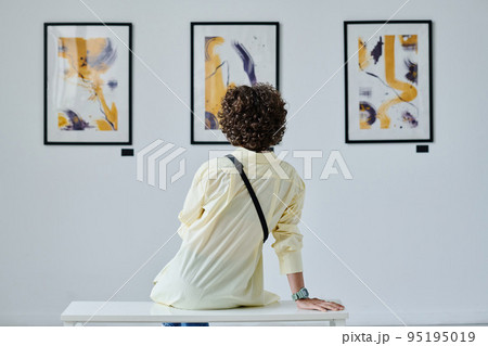 Rear view of young woman with curly hair sitting in front of pictures on the wall and enjoying modern art Rear view of young woman with curly hair sitting in front of pictures on the wall and enjoying modern art 95195019