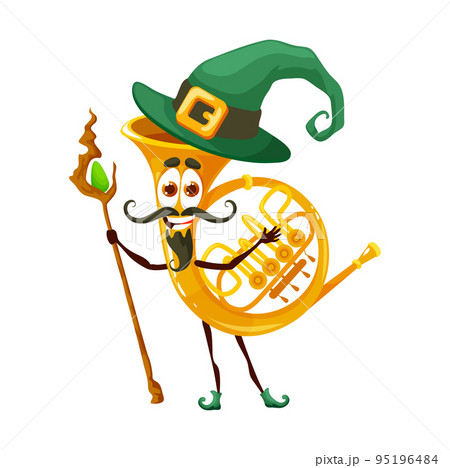 Cartoon french horn mage character with magic staff. Fantasy wizard musical wind instrument wear witch hat. Isolated vector horn woodwind pipe personage for music school education 95196484