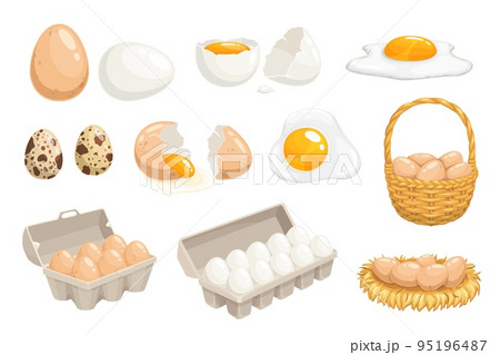 Cartoon eggs in basket, tray, nest and box, chicken and quail eggs, vector. Eggs in hen nest and wicker basket or in carton box, boiled and fried omelette, poultry farm food products Cartoon eggs in basket, tray, nest and box, chicken and quail eggs, vector. Eggs in hen nest and wicker basket or in carton box, boiled and fried omelette, poultry farm food products 95196487