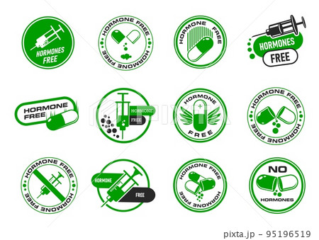 Hormone free icons, healthy organic food stickers and labels, vector stamps. Natural farm meat and no GMO products sign, USDA no hormones icon with syringe and pill for healthy food package badges 95196519