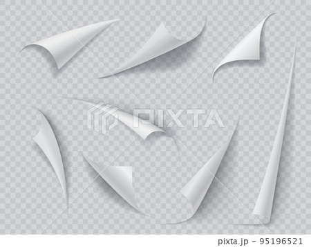 Curly paper page corners. Magazine or book page curly peels, document paper sheet white realistic vector corners, sticker or bookmark bent edge set or transparent background 95196521