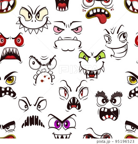 Cartoon eerie and angry monster faces seamless pattern. Vector background with creepy monster creature muzzles. Yell or grumpy emotions, isolated toothy halloween alien personages, spooky murmur emoji 95196523