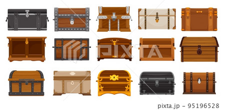 Cartoon chest boxes, wooden treasure trunks isolated set. Ancient royal or pirate coffers ui game vector asset with loot, gem stones, golden coins and treasury. Decorated cases made of wood and metal 95196528