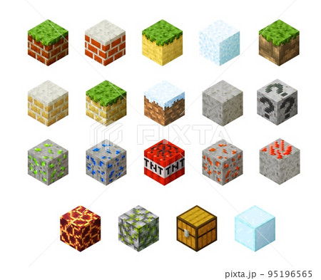 Pixel game blocks of grass, stone, ice water and sand, lava or coal and TNT, vector patterns. Pixel art 8 bit game isometric blocks and cube bricks for arcade game level or platforms of ground surface 95196565