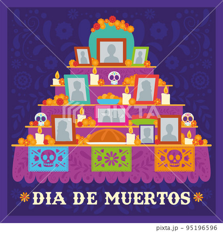 Colored mexican shrine with skulls Dia de los muertos poster Vector Colored mexican shrine with skulls Dia de los muertos poster Vector 95196596