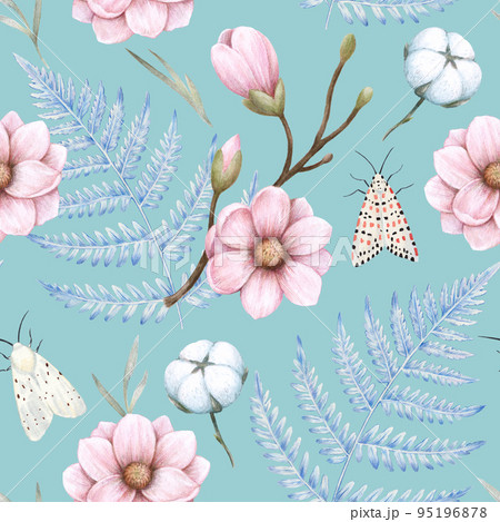 Watercolor Magnolia and Cotton seamless pattern. Hand drawn detailed realistic vintage illustration.  95196878