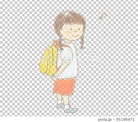 お気に入りのリュックを背負って喜ぶ女の子 お気に入りのリュックを背負って喜ぶ女の子 95196971