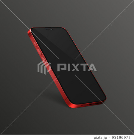 Vector 3d Realistic Red Modern Smartphone Design Template with Black Screen. Mobile Phone Isolated. Telephone Device UI UX, Phone in Half Turn View 95196972