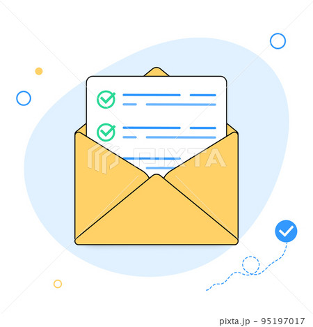 Survey vote email checklist icon vector or mail letter with online task exam form selection flat cartoon illustration, concept of digital envelope with questionnaire quiz document with check marks 95197017
