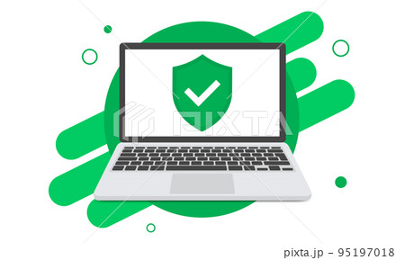 Laptop with check mark window in a flat design. Mockup of shield with check mark symbol for laptop in a flat design 95197018