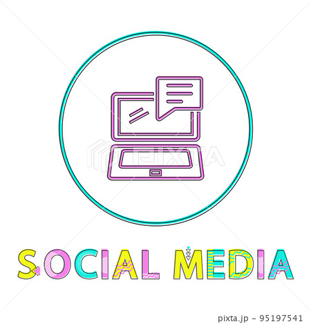Social Media Round Linear Icon with Open Laptop 95197541