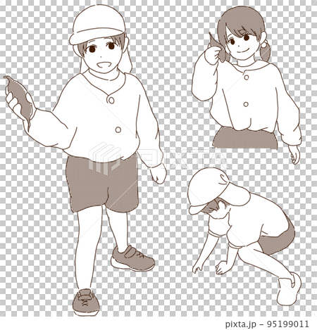 Illustration set of kindergarteners digging potatoes (monochrome) 95199011