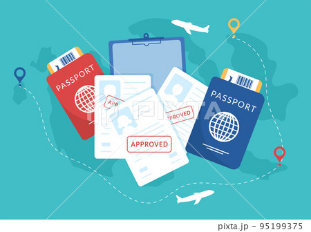 Immigration Template Hand Drawn Cartoon Flat Illustration of Document with Visa and Passport for Moving to Another Country 95199375