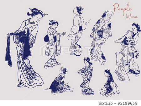 江戸時代の着物を着た女性の白黒線画イラスト　暮らしの絵　セット 95199658