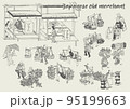 江戸時代の商人や商売道具、食べ物の白黒線画イラスト　日本人　侍　武士　町民　農民 95199663