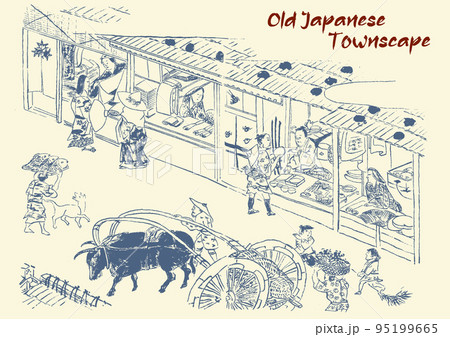 江戸時代の商人や商売道具、食べ物の白黒線画イラスト　日本人　侍　武士　町民　農民 95199665