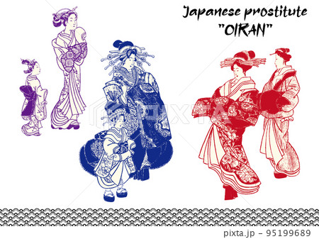花魁の手書き風白黒線画イラスト 95199689