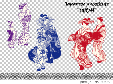 花魁の手書き風白黒線画イラスト 95199689