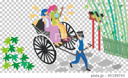 竹林で人力車を満喫する外国人の観光客（夏） 95199743