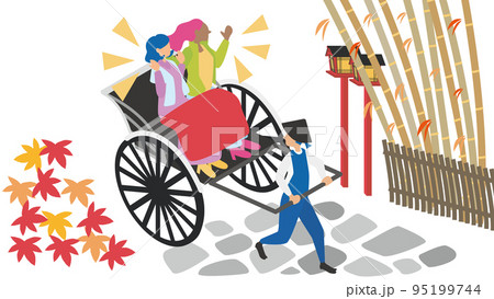 竹林で人力車を満喫する外国人の観光客(秋) 竹林で人力車を満喫する外国人の観光客(秋) 95199744