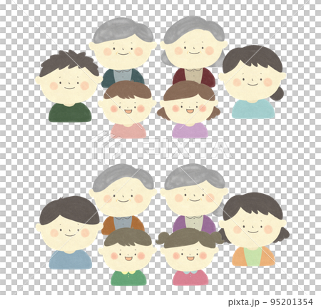 水彩画　幸せな二世帯家族バリエーション　手描きイラスト素材 95201354