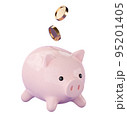 3d pink ceramic Piggy bank with falling gold coin money. Business, saving, money, banking, finance investment and services concept. Profit and growth design idea. Realistic 3d high quality render 95201405