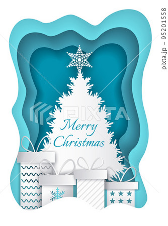 Merry Christmas Paper Fir-tree and Presents Vector 95201558