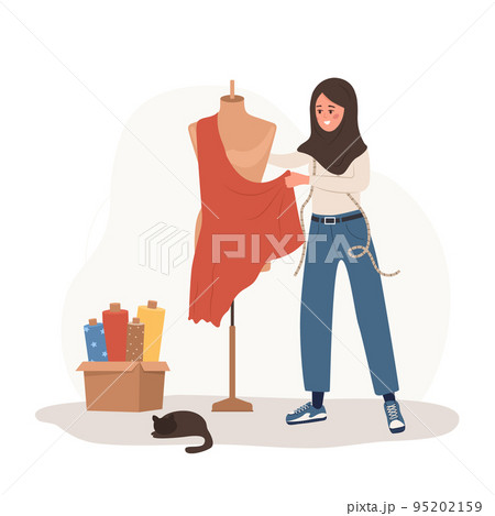 Arabic woman seamstress at mannequin takes measurements. Young female tailor create clothes in studio. Fashion designer or dressmaker. Vector illustration in flat cartoon style. Hobby concept Arabic woman seamstress at mannequin takes measurements. Young female tailor create clothes in studio. Fashion designer or dressmaker. Vector illustration in flat cartoon style. Hobby concept 95202159