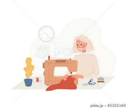 Elderly woman seamstress at sewing machine sews clothes. Female tailor create clothes in studio. Fashion designer or dressmaker. Vector illustration in flat cartoon style. Hobby concept Elderly woman seamstress at sewing machine sews clothes. Female tailor create clothes in studio. Fashion designer or dressmaker. Vector illustration in flat cartoon style. Hobby concept 95202160