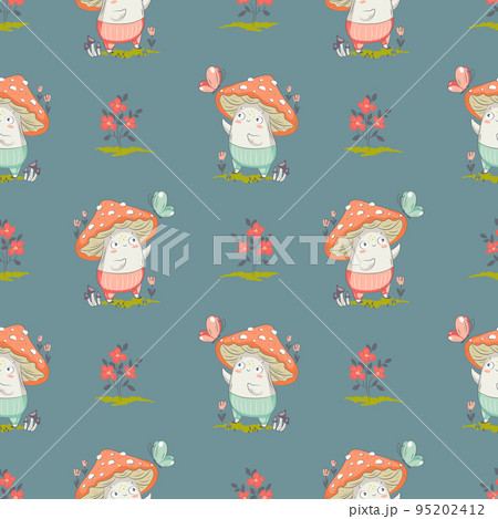 Mushroom cartoon vector illustration for posters, T-shirt print, postcard. Kids card print template and seamless background pattern  95202412