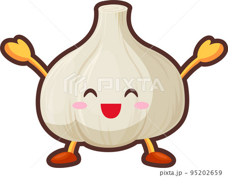 両手を挙げて喜ぶかわいいニンニクのキャラクターのイラスト 95202659