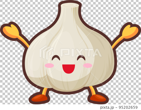 両手を挙げて喜ぶかわいいニンニクのキャラクターのイラスト 95202659