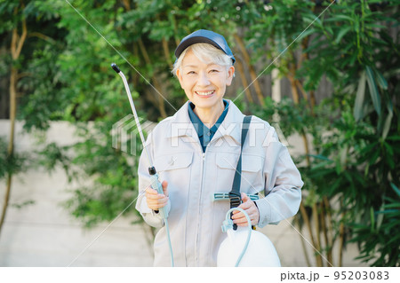 噴霧器で庭木の消毒をするシニア女性の作業員 噴霧器で庭木の消毒をするシニア女性の作業員 95203083