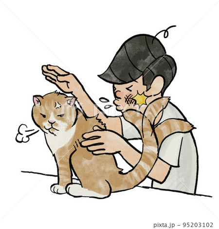 不機嫌な猫に尻尾で叩かれる人 95203102