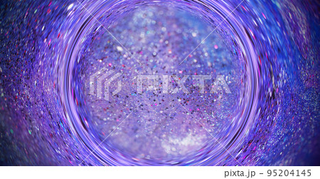 Glitter vortex. Blur sequin background. Futuristic portal. Iridescent purple blue color bokeh glow sparkles texture in defocused circle swirl frame. 95204145