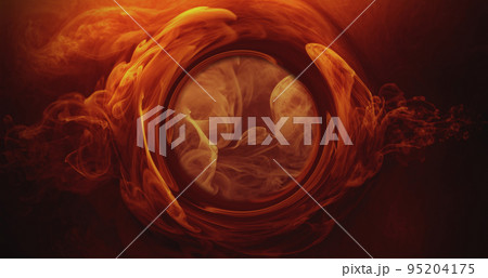 Color water twirl. Fume circle. Ink wave. Astrology eye. Esoteric vision. Orange red golden steam circle vortex on dark creative abstract background. 95204175
