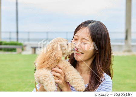 犬と公園で遊ぶ女性 犬と公園で遊ぶ女性 95205167