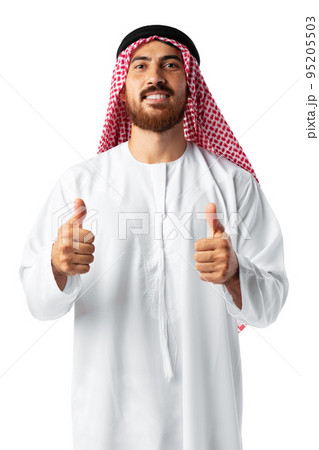 Young Arab man showing ok sign and smiling isolated on white background 95205503
