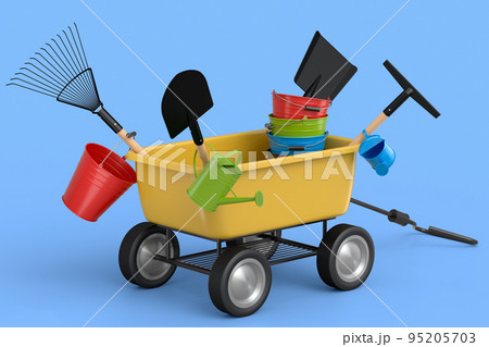 Garden wheelbarrow with garden tools like shovel, watering can and fork on blue Garden wheelbarrow with garden tools like shovel, watering can and fork on blue 95205703