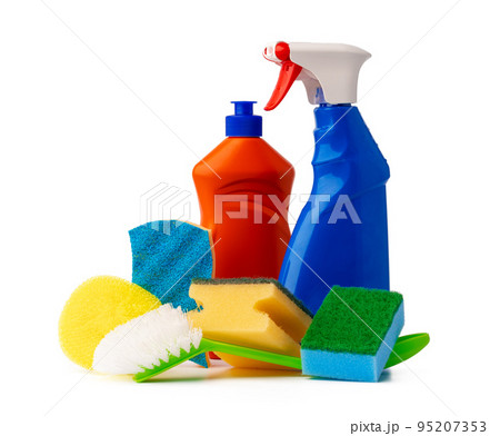 Sanitary household cleaning items isolated on white background Sanitary household cleaning items isolated on white background 95207353