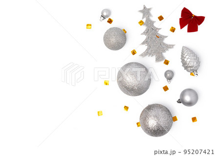 Top view Christmas decorations composition on white background with copy space 95207421