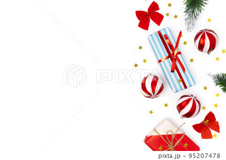 Top view Christmas decorations composition on white background with copy space 95207478
