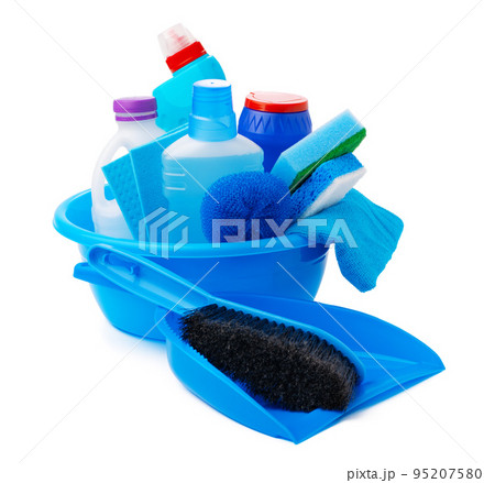 Cleaning items in a blue basin isolated on white background Cleaning items in a blue basin isolated on white background 95207580
